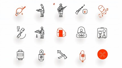 Aufkleber - Comprehensive collection of 15 linear icons focused on military themes including icons for soldiers weapons equipment battlefields and more