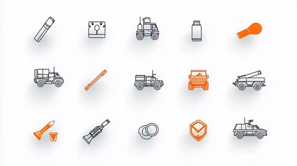 Aufkleber - Minimalist design of a war icon set featuring 15 outline symbols for armored vehicles grenades and artillery equipment used in military combat and battles