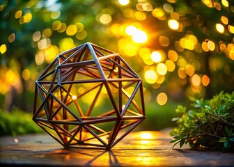 Poster - Bokeh Effect on a Stunning Geometric Sculpture Surrounded by Nature's Beauty, Capturing Light and Shadows in an Artistic Display of Modern Design and Natural Elements