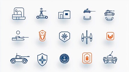 Aufkleber - Outline Icon Set of 15 Military Symbols Including Command Post Tank and Army Badge in Style with Editable Stroke  Minimalist and Stylized Graphic Design for Military Armed Forces