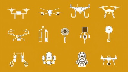 Poster - Set of 15 thin line icons representing key elements of modern warfare and military protective gear drones satellite surveillance and other tactical equipment and technology