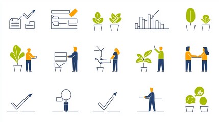 Aufkleber - Set of 15 minimalist icons representing an action plan with checklist implementation steps and analysis symbols  Designed for business project management and workflow diagrams