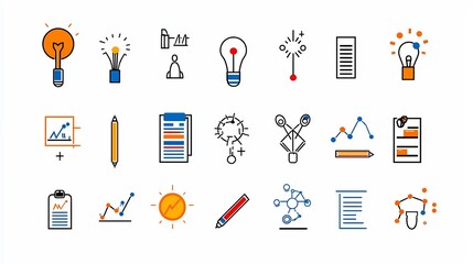 Poster - Comprehensive Outline Icon Set Featuring 15 Symbols Representing Various Elements of Action Planning Task Management Decision Making and Progress Tracking in a Clean Style with Editable Strokes