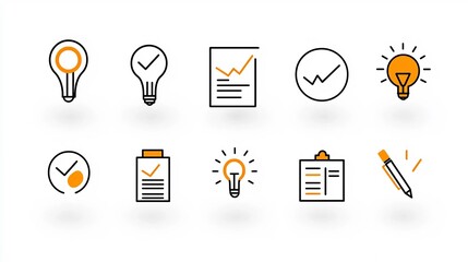 Aufkleber - Set of 15 thin line icons depicting various elements of action plans including goal achievement meeting schedules and strategy implementation  This is designed for business management office planning