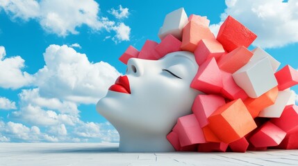 Wall Mural - woman's head is made of blocks, with a red and white hairdo. the blocks are arranged in a way that c