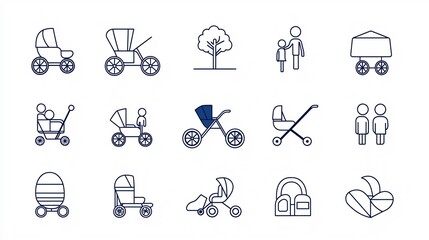 Aufkleber - A set of 15 family related icons in a clean minimalist outline style  The icons feature elements such as a baby stroller family tree and sibling symbols