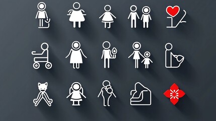 Aufkleber - A set of 15 minimalist outline icons representing different family members including mother father and baby symbols in a clean and modern with editable stroke