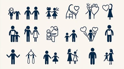 Fototapete - Outline icon set featuring 15 family symbols representing father mother children and grandparents in a clean minimalist style  Editable stroke design perfect for user interface infographic
