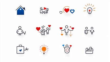 Aufkleber - Set of minimalist icons illustrating the connections love and bonds within a family across Symbols for family relationships parenting and childhood experiences