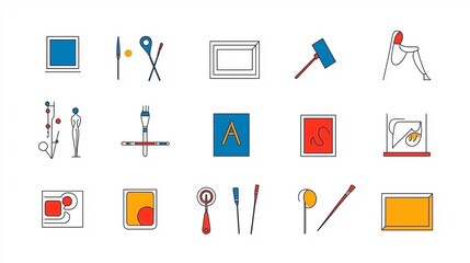 Fototapete - Minimalist art icon set featuring 15 outline symbols representing creative tools statues and painting frames in a modern simple design style