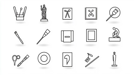 Poster - Minimalist Art Icon Set of 15 Outline Symbols for Creative Tools Statues and Painting Frames  Abstract Graphic Design with Elegant Stylish Aesthetic
