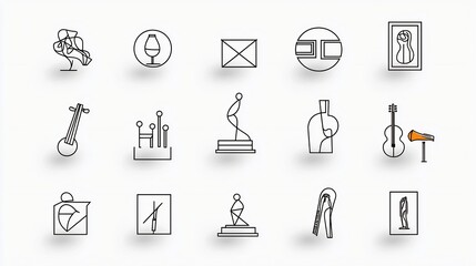 Fototapete - Set of 15 art themed icons in a clean minimalist outline style  These icons feature various art related elements such as galleries sculptures and musical instruments