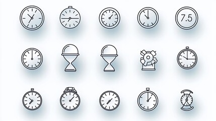 Poster - Timekeeping Icons in Minimalist Linear Style A Collection of 15 Linear Icons Focused on Time Related Concepts Such as Stopwatch Hourglass and Countdown Symbols