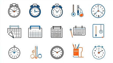 Wall Mural - Set of 15 time related icons in a clean minimalist outline style featuring a digital clock weekly calendar and various time management tools  This editable is perfect for business office