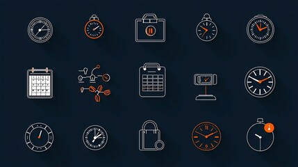 Wall Mural - Set of 15 time related icons in outline style featuring digital clock weekly calendar and time management tools for planning organizing