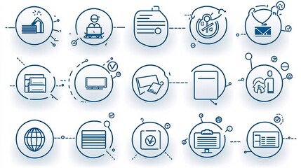 Poster - Collection of 15 linear icons focused on learning and development programs featuring icons for course materials seminars and distance learning in a simple line style design
