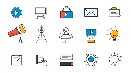 Poster - Minimalist Training Icon Set with 15 Outline Symbols for Education and E Learning Concepts Including Video Lectures Assignments and Certification Icons in Design