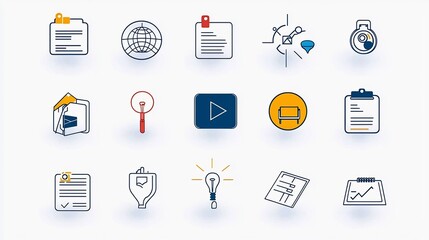 Fototapete - A set of 15 minimalist icons representing various elements of online education and professional development including symbols for video lectures assignments and certifications  This clean modern