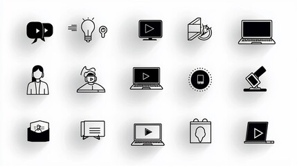 Poster - Comprehensive icon set of 15 symbols designed to represent various elements of distance and online education such as laptop video call course completion and more