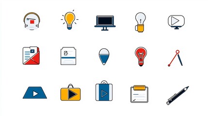 Poster - A set of 15 minimalist icons with clean outline designs representing various elements of training and education including symbols for video lectures assignments and certification programs