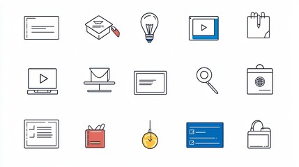 Fototapete - Comprehensive Set of Linear Icons Illustrating Various Educational Training Themes and Concepts Such as Live Class Online Certification and Learning Resources
