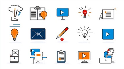 Poster - Outline icon set of 15 symbols covering various training and education concepts including document sharing quiz video streaming and other related digital interface elements
