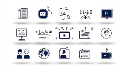 Poster - Comprehensive set of 15 clean icons representing various training and education concepts including document sharing quizzes and video streaming