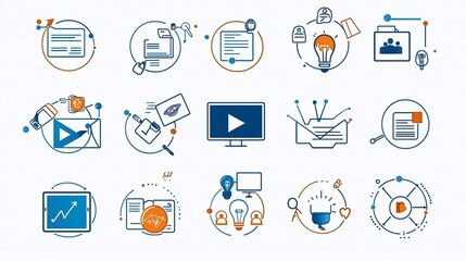 Leinwandbilder - Outline Icon Set of 15 Symbols Representing Training and Education Concepts Including Document Sharing Quiz and Video Streaming in Clean Style with Editable Strokes