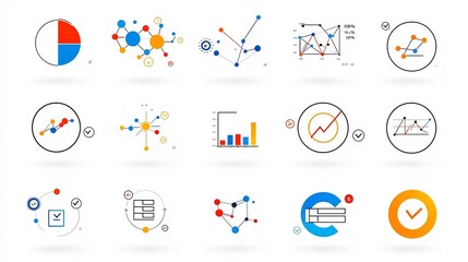 Aufkleber - Collection of 15 linear icons representing data collection analysis and visualization elements such as charts optimization metrics and survey checklists for use in business dashboards infographics