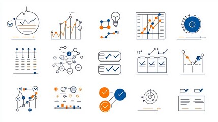 Leinwandbilder - Set of 15 linear icons representing data collection analysis and optimization processes  Includes symbols for charts dashboards metrics tracking and survey checklists in a clean minimalist style