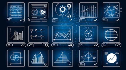 Aufkleber - Collection of 15 linear icons representing data collection and analysis featuring symbols for charts optimization metrics and survey checkboxes in a clean style