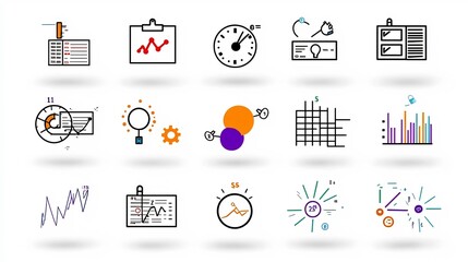 Aufkleber - Set of 15 statistical icons in an outline style featuring symbols for survey forms data processing and financial pricing  Editable stroke designed for business analytics data visualization