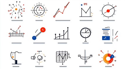 Fototapete - Set of 15 linear icons illustrating various statistical functions including symbols for data collection survey evaluation and optimization tools  The simple can be used in infographics reports