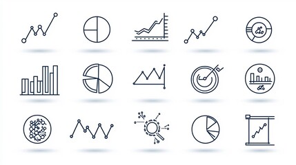 Leinwandbilder - Set of 15 minimal outline icons representing various data visualization elements such as bar charts pie charts line graphs and other statistical symbols for use in business presentations
