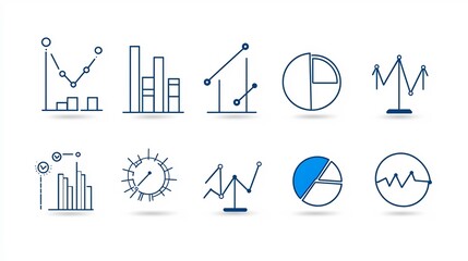 Aufkleber - Set of 15 outline icons representing various statistical data visualization elements including bar chart pie chart and trend line symbols in a clean with editable stroke