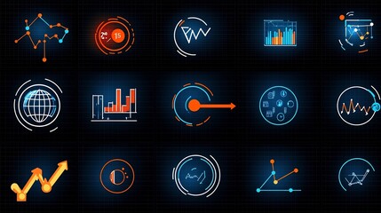 Fototapete - Minimalist and modern set of 15 outline style icons for data analytics business optimization research and reporting  Includes symbols for statistics infographic optimization arrows