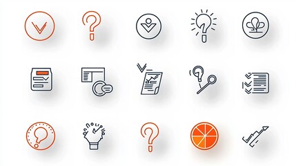 Aufkleber - Set of 15 minimalist outline style icons focused on survey and feedback elements like question marks checklists and pie charts  This graphic collection is perfect for data visualization analytics