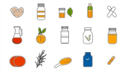 Poster - Set of 15 minimalist nutrition outline icons representing weight management vitamins natural ingredients and other wellness symbols for a healthy lifestyle and balanced living