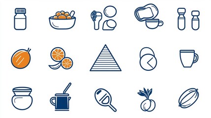 Poster - Collection of 15 outline style icons focused on food pyramid natural diet and fitness elements  Minimal graphic design for healthy lifestyle and wellness concepts