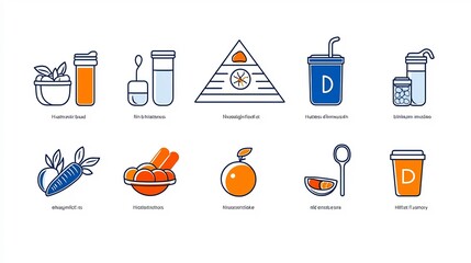 Poster - Collection of 15 Outline Style Icons Focusing on Food Pyramid Natural Diet and Fitness Guidance for Health and Nutrition Concepts in Minimal Design