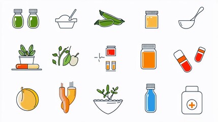 Poster - Set of 15 minimalist linear icons illustrating various health focused nutrition and wellness concepts such as plant based diet low fat daily vitamins and supplements for a balanced lifestyle