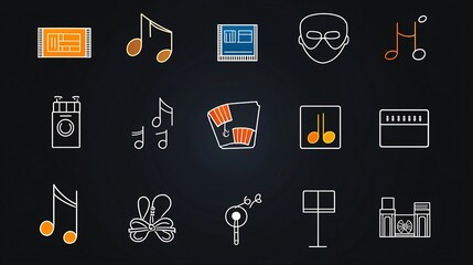 Leinwandbilder - A clean featuring a set of 15 outline icons that represent different entertainment events and activities including symbols for cinema ticket music note and theater mask
