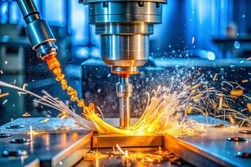 Poster - Candid Photography of the Milling Process in Industrial CNC Metal Machining with Vertical Mill and Coolant, Capturing Precision and Efficiency in Action