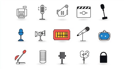 Fototapete - Minimalist and Stylized Icon Set Representing Various Entertainment Symbols and Concepts Including Concert Ticket Microphone and Clapperboard in Editable Format