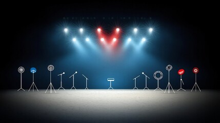 Poster - Comprehensive outline icon set featuring 15 symbols representing popular entertainment activities and venues including stadium stage lights and music festival in a clean style with editable strokes