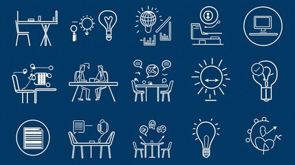 Poster - Set of 15 Outline Icons Representing Meeting and Elements Including Conference Table Team Discussion and Brainstorming Symbols for Business and Corporate Presentations