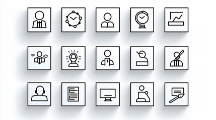 Aufkleber - A comprehensive set of 15 linear icons focused on professional meetings including icons for seminar group interview and workshop settings