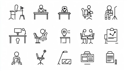 Fototapete - Collection of 15 linear icons focused on professional meetings featuring icons for seminar group interview and workshop in a simple line style