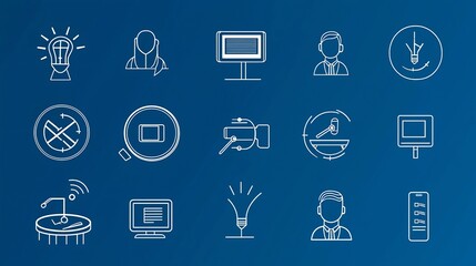 Poster - Comprehensive set of 15 outline style icons representing various meeting related elements such as video calls roundtable discussions and speakers  Designed for use in business platforms