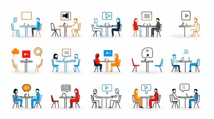 Fototapete - Set of 15 Outline Style Meeting Related Icons Featuring Symbols for Video Call Roundtable Discussion and Speaker  Editable Stroke for Business Communication and